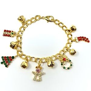 VTG Christmas Charm Bracelet Jingle Bells Angel Tree Wreath Stocking Hand Made